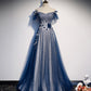 Shiny tulle sequins long prom dress blue evening dress  8429