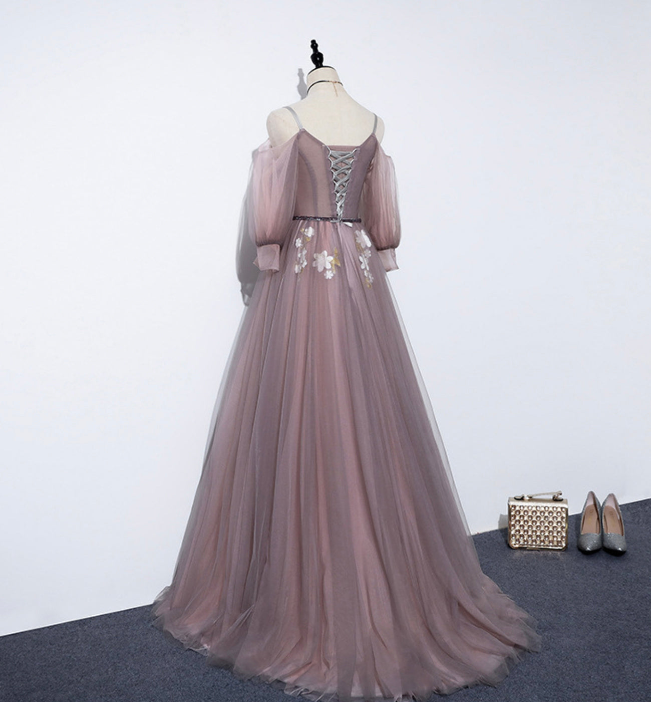 Cute v neck tulle long A line prom dress evening dress  8587
