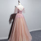 Pink v neck tulle long prom dress evening dress  8455