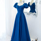 Blue satin long A line prom dress blue evening dress  8848