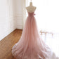 Pink tulle long prom dress pink evening dress  8584