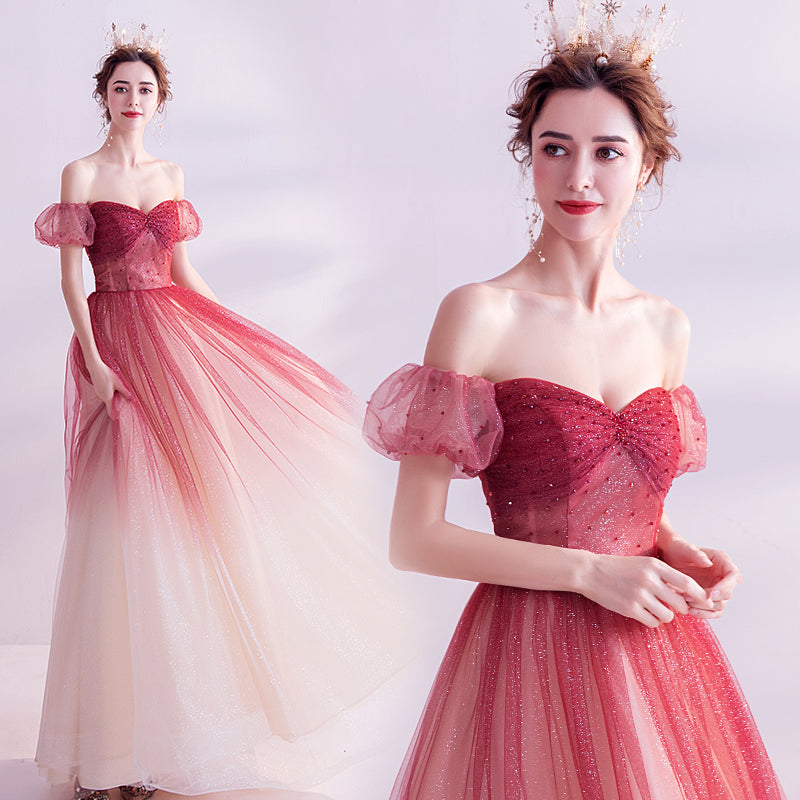Burgundy tulle long prom dress evening dress  8272