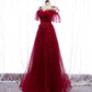 Burgundy tulle lace long prom dress evening dress  8305