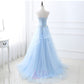 Blue tulle lace long prom dress, blue lace evening dress  8039