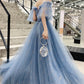 Blue tulle sequins long prom dress evening dress  8322