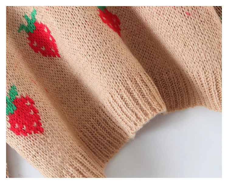 Erdbeer-Jacquard-Mohair-Pullover mit lockerem Rundhalsausschnitt 7743