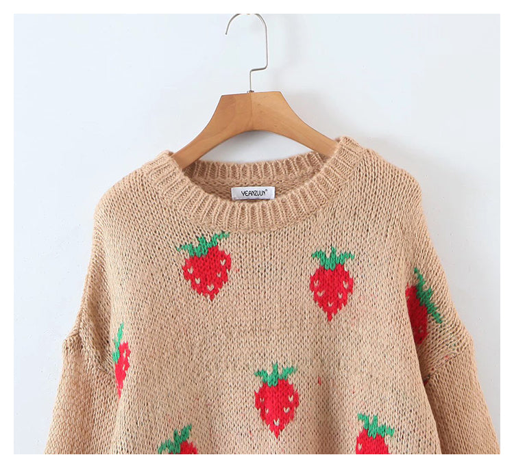Erdbeer-Jacquard-Mohair-Pullover mit lockerem Rundhalsausschnitt 7743