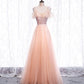 Pink tulle sequins long prom dress  8348