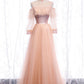Pink tulle sequins long prom dress  8348