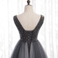 Gray v neck tulle beads long prom dress  8159