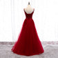 Robe de bal longue en tulle et dentelle bordeaux 8316