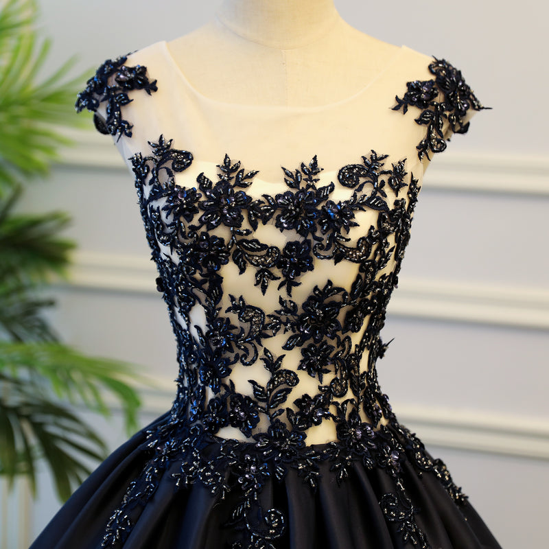 Dark blue lace long prom gown, evening dress  8059