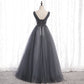 Gray v neck tulle beads long prom dress  8159