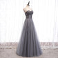 Gray tulle sequins long prom dress  8158