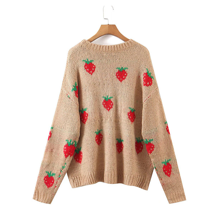 Erdbeer-Jacquard-Mohair-Pullover mit lockerem Rundhalsausschnitt 7743
