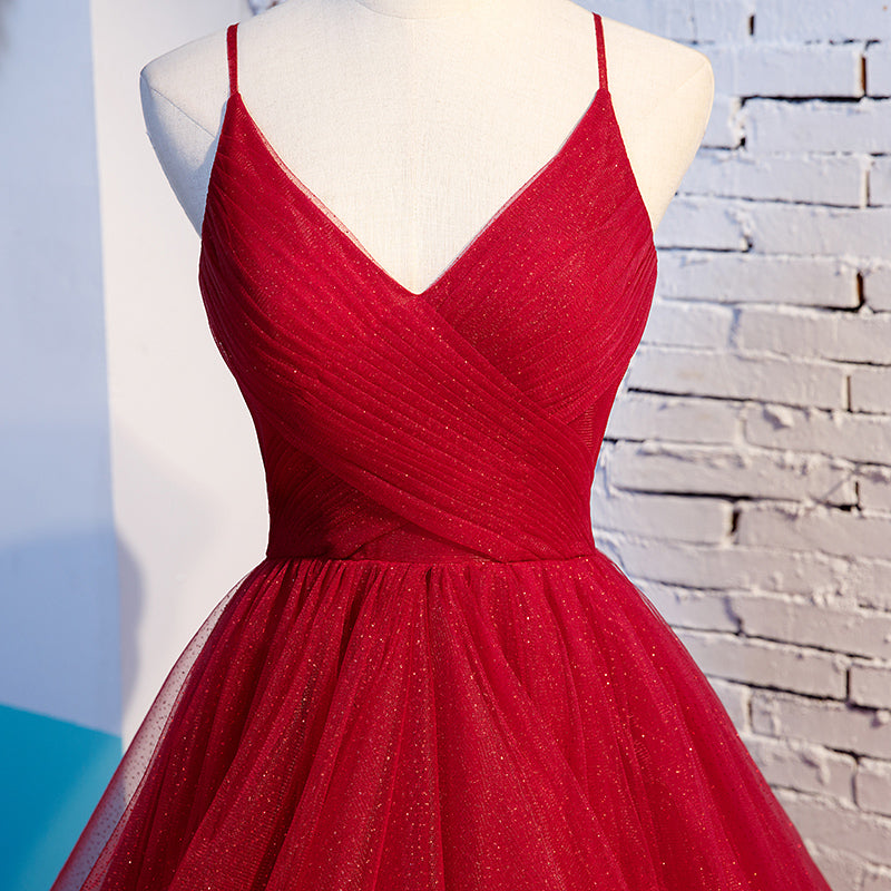 Burgundy v neck tulle long prom dress, evening dress  7985