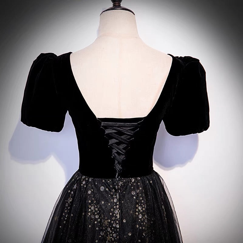 Black velvet tulle long prom dress A line evening gown  10106