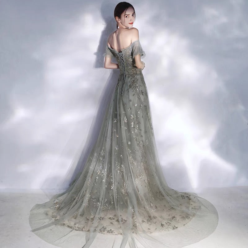 Gray tulle sequins long prom dress A line evening dress  10113