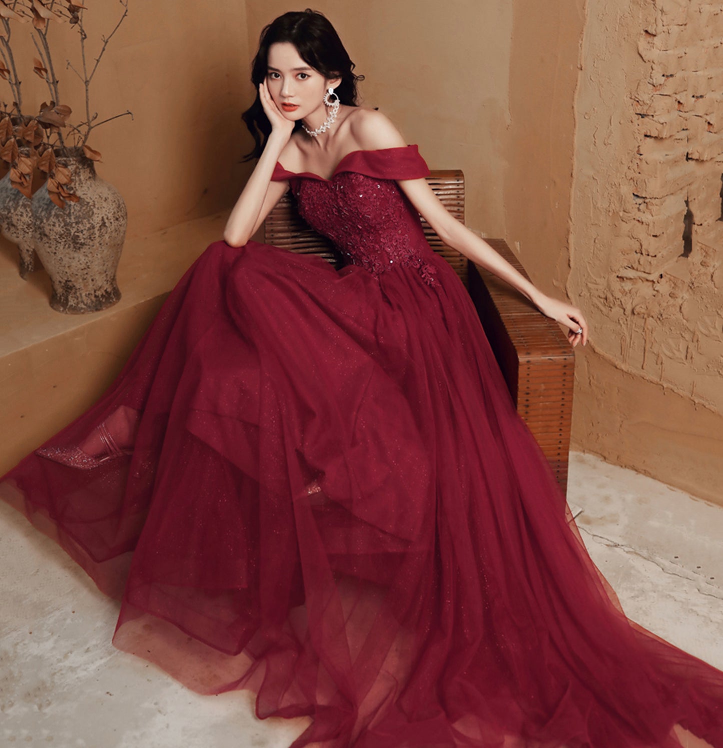 Burgundy lace beads long prom dress evening dress  10114