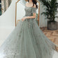 Gray tulle sequins long prom dress A line evening gown  10125