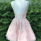 Pink lace short A line prom dress homecoming dress  8875