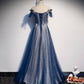 Shiny tulle sequins long prom dress blue evening dress  8429