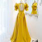 Yellow satin long A line prom dress evening dress  8847