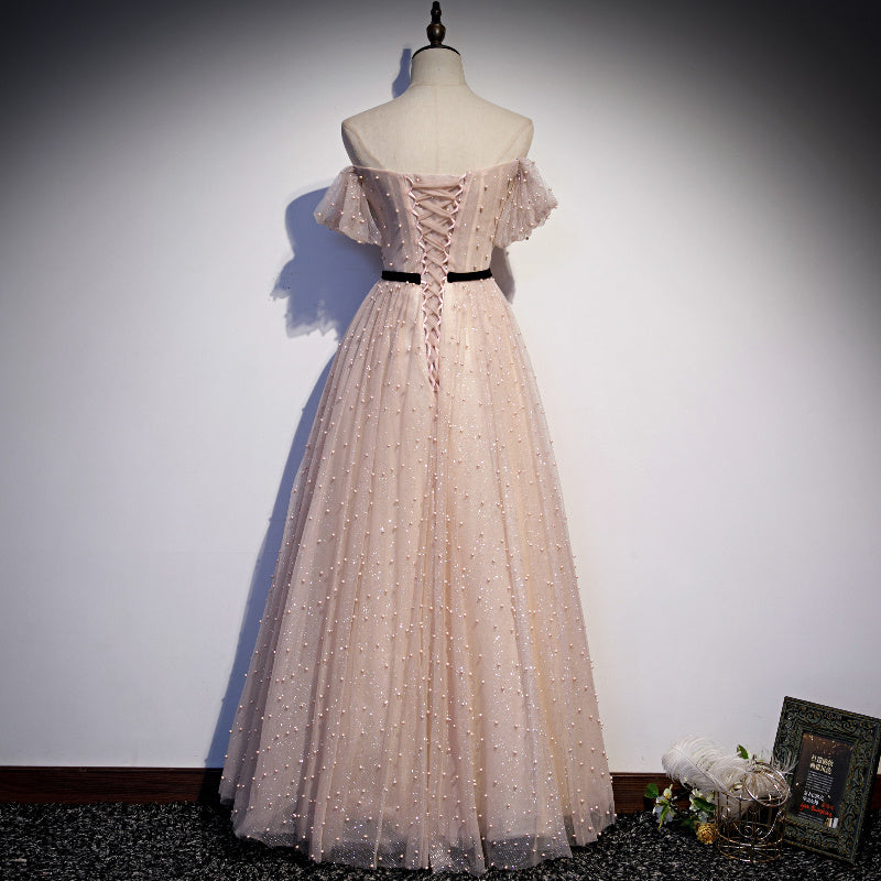 Lovely A line tulle pearl long prom dress evening dress  8685