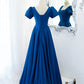 Blue satin long A line prom dress blue evening dress  8848