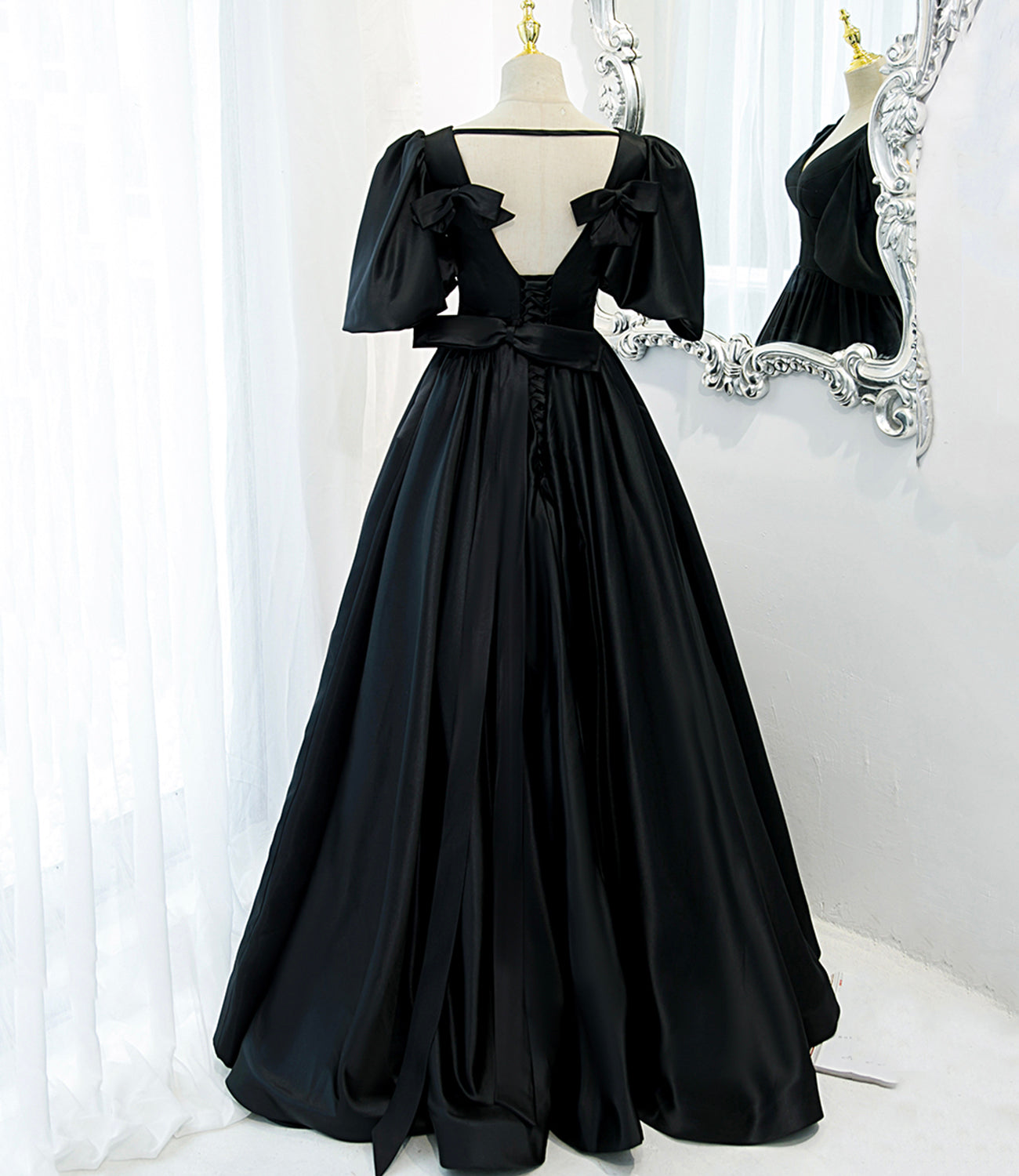 Black v neck satin long A line prom dress evening dress  8846