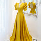 Yellow satin long A line prom dress evening dress  8847