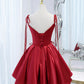 Burgundy satin lace-up short prom dress party dress  10098