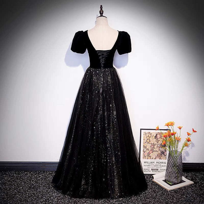 Black velvet tulle long prom dress A line evening gown  10106
