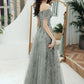Gray tulle sequins long prom dress A line evening gown  10125