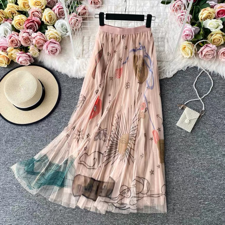 High waist, A-line big swing printed gauze skirt, pleated skirt, mid length skirt gauze skirt  3522