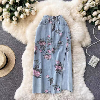 Denim skirt, new style, high-waisted A-line skirt, floral slit skirt  3521