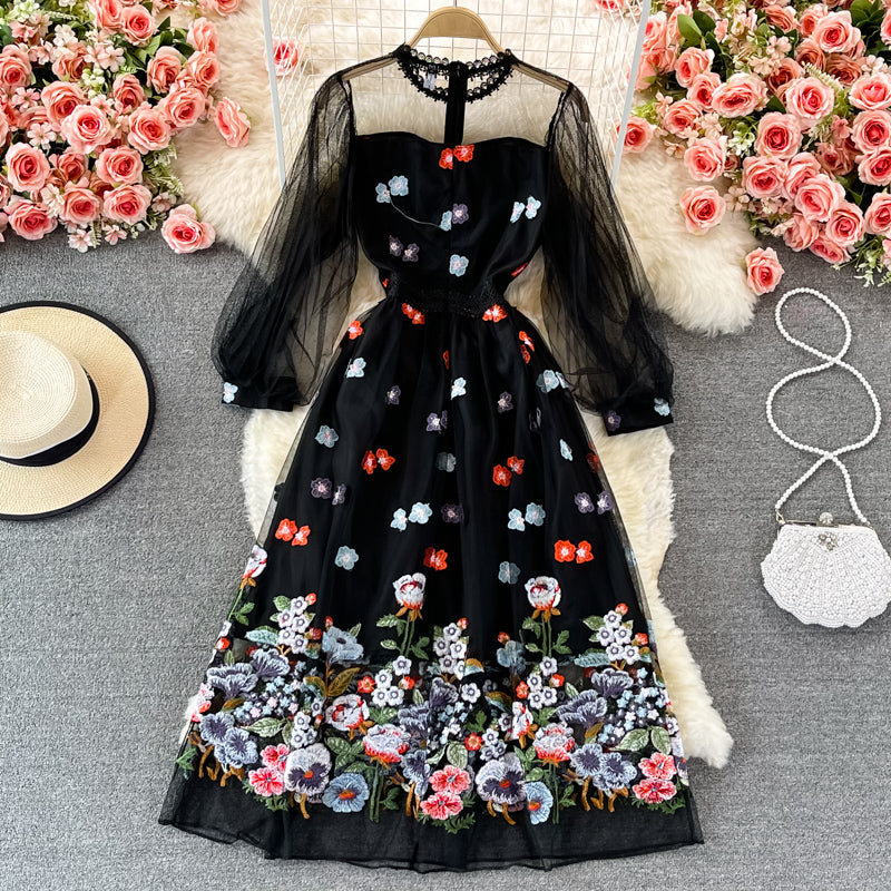 Black lace tulle long sleeve dress fashion dress  425