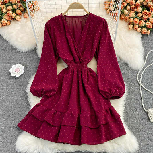Süßes Langarmkleid mit V-Ausschnitt, Modekleid 413