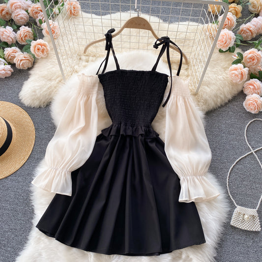 Schwarzes A-Linien-Langarmkleid Modekleid 431