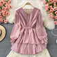 Robe mignonne à manches longues et col en V, robe tendance 408