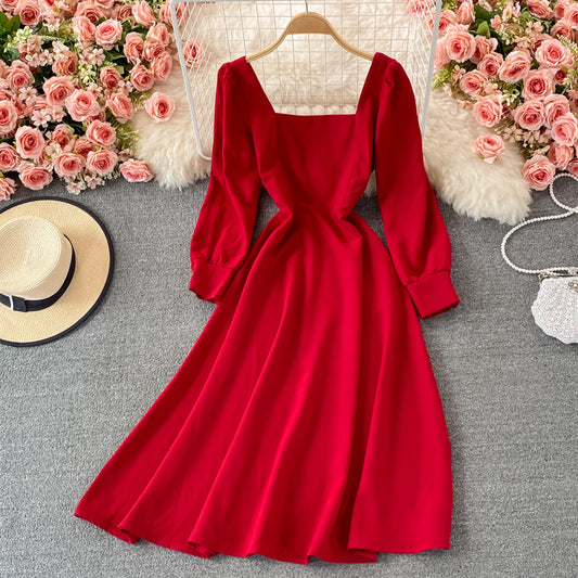 Einfaches A-Linien-Kleid mit langen Ärmeln, modisches Kleid 435