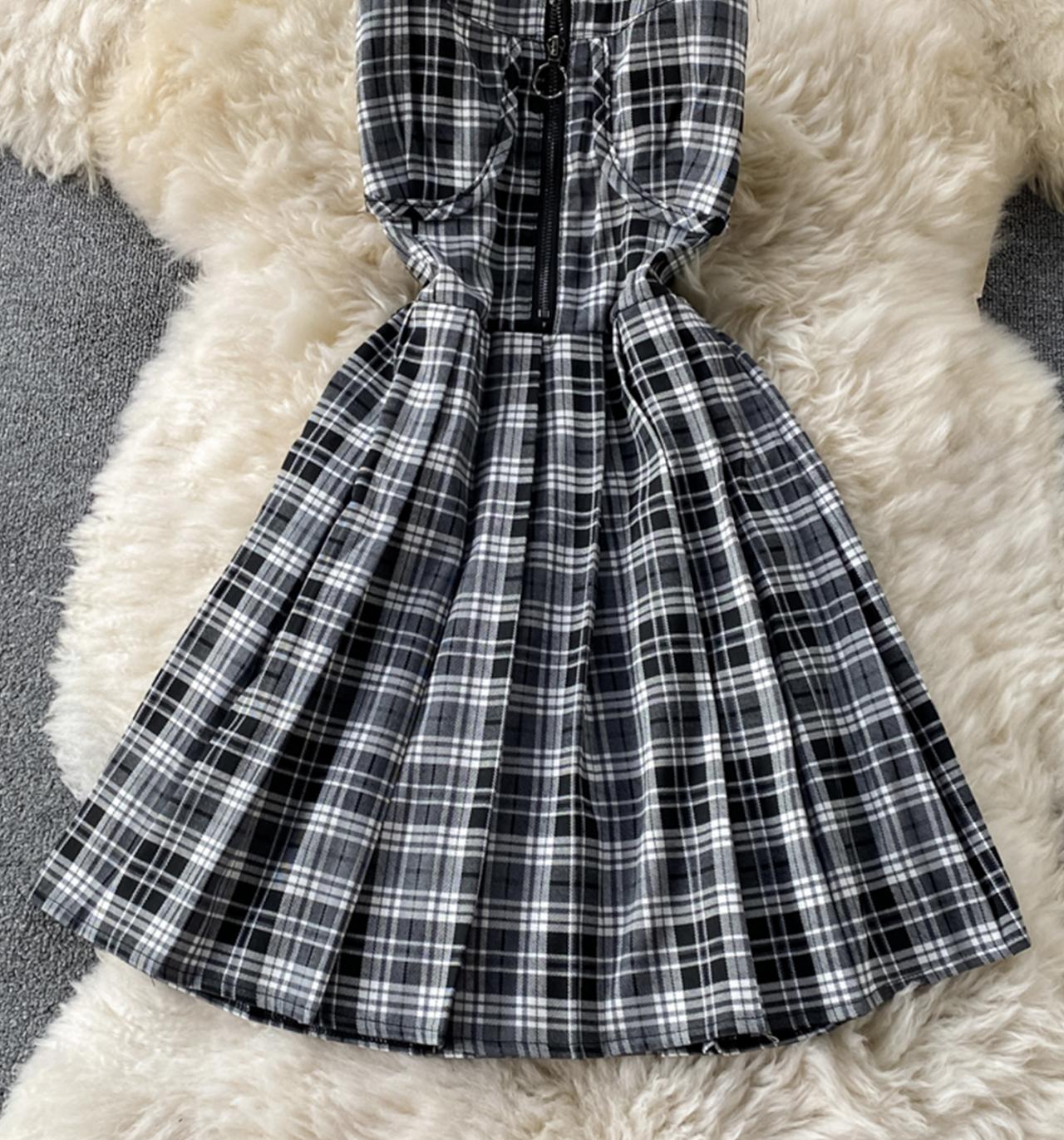 Cute plaid short A line dress  679