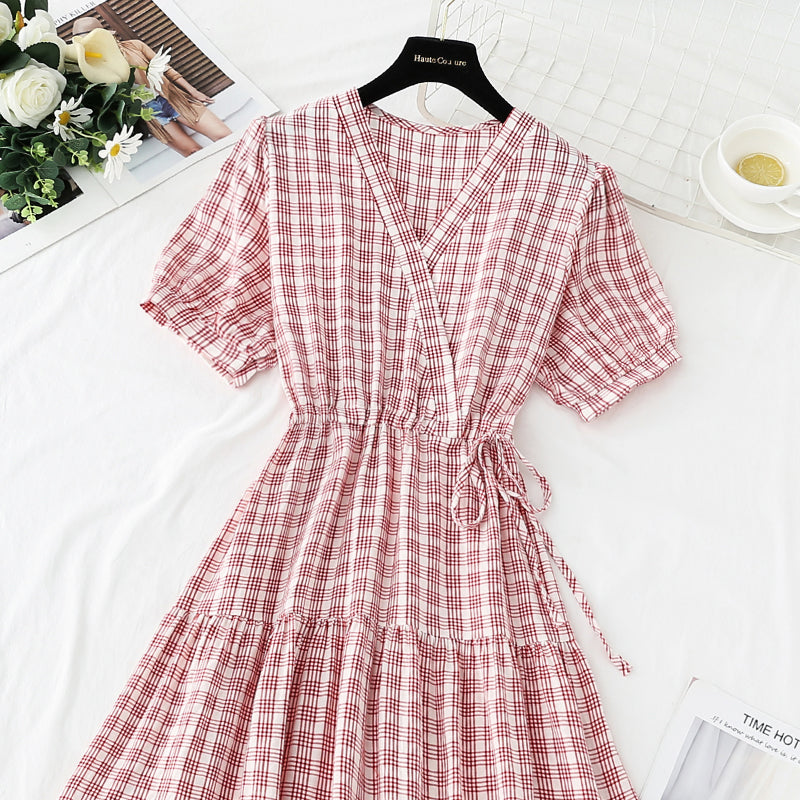 Cute plaid v neckline dress fashion dress  478