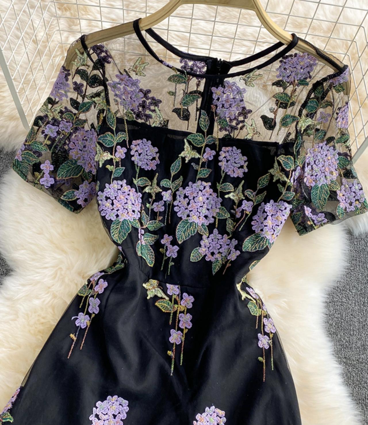 Black lace short dress A line fashion dress  676