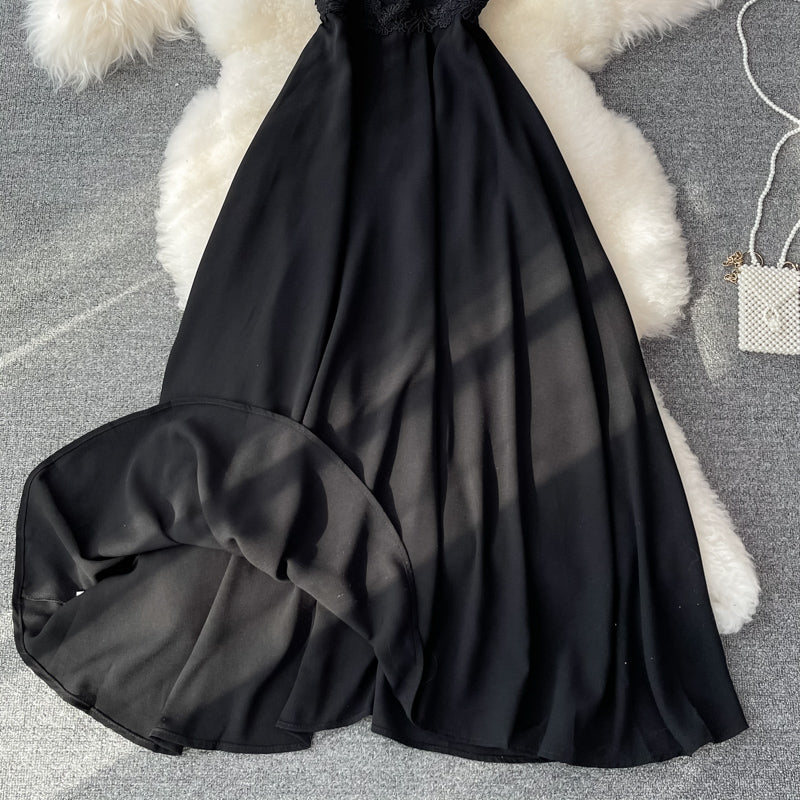 Cute lace short dress black A line dress  606