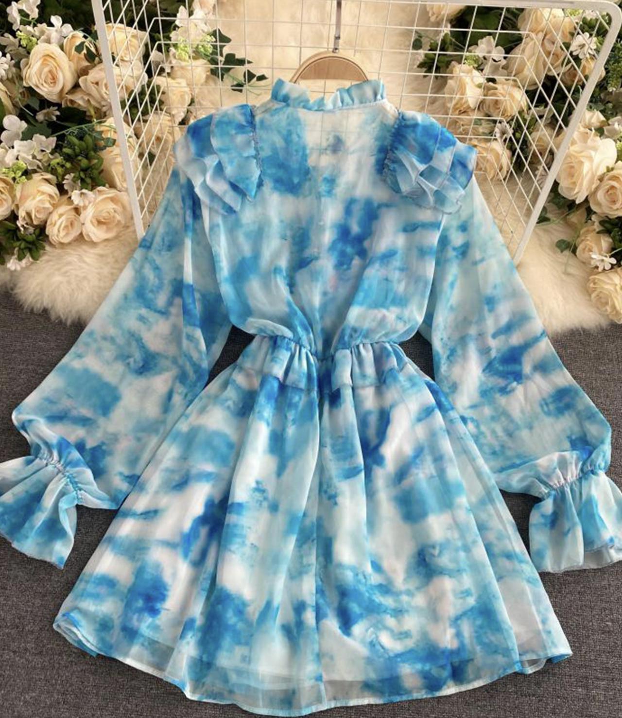 Blue A line long sleeve dress fashion dress 649