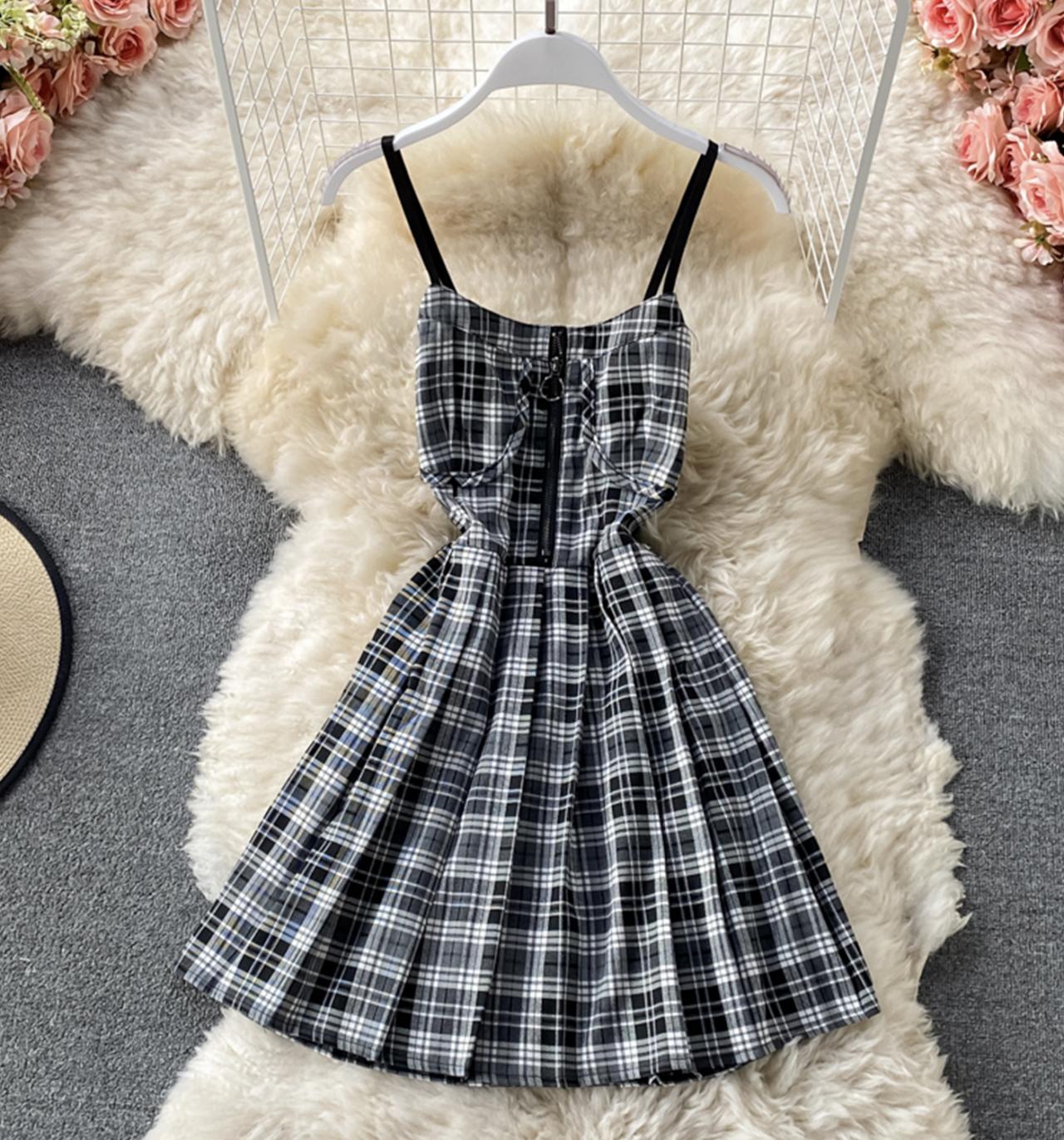 Cute plaid short A line dress  679