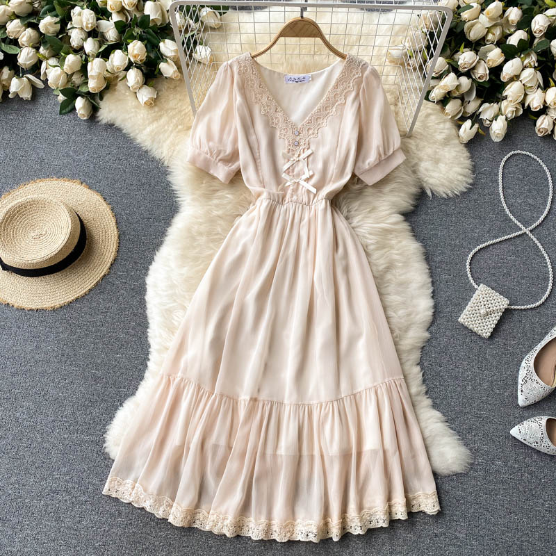 Sweet lace V-neck slim mid-length french gentle chiffon dress  609