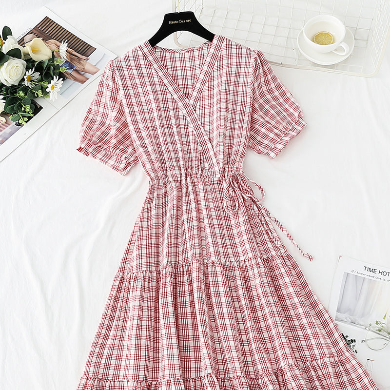 Cute plaid v neckline dress fashion dress  478