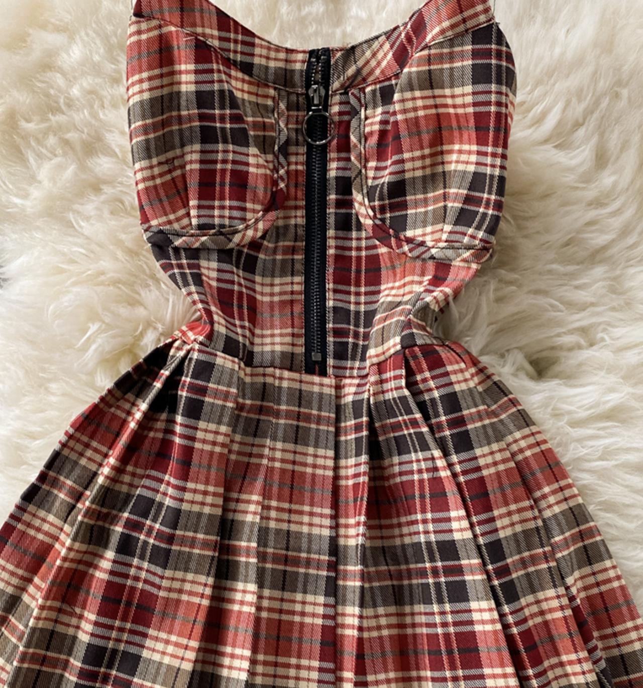 Cute plaid short A line dress  679